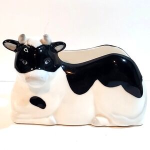 Vintage Henriksen Imports Inc Ceramic Cow Bull Black White Napkin Holder Japan